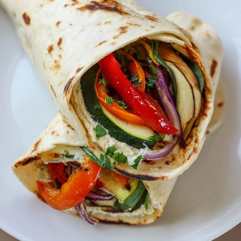 Perfectly folded Snowflake Hummus & Roasted Veggie Wraps offer a delicious mix of textures and flavors.