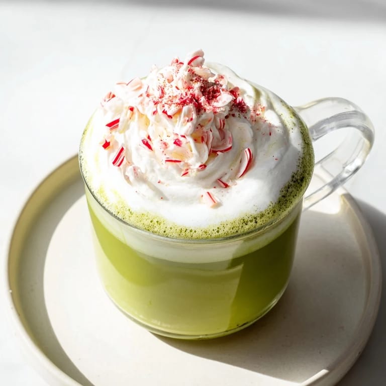 A beautiful, rich close-up of a festive Cozy Peppermint Matcha Christmas Latte, perfect for holiday celebrations.