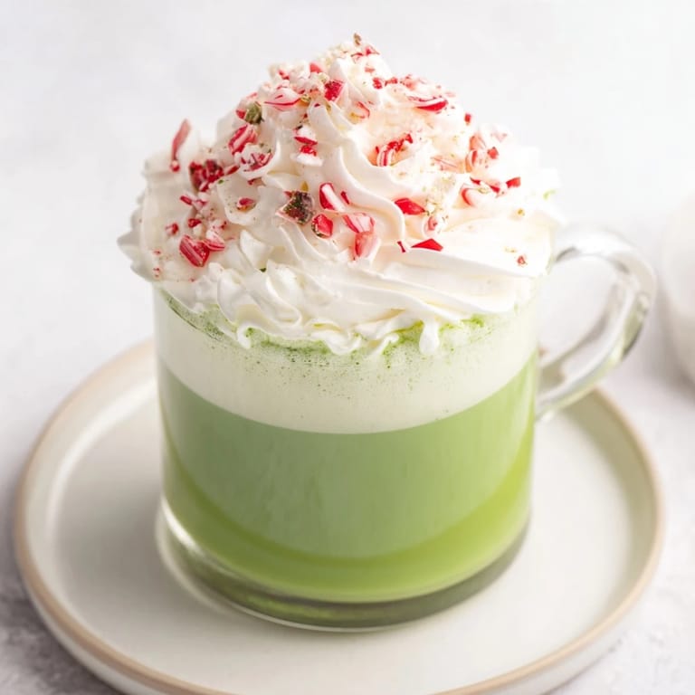 Delicious and aromatic Cozy Peppermint Matcha Christmas Latte, served warm, promising a refreshing winter beverage.