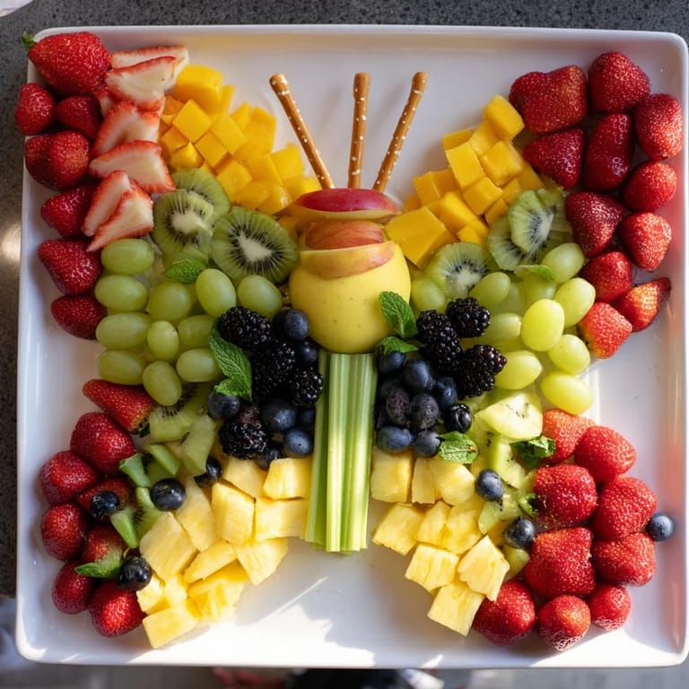Vibrant image: a butterfly fruit tray with strawberries, grapes, and melon offers a fun, nutritious appetizer.