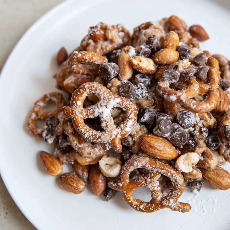 Homemade Festive Pine Cone Snack Mix, visually resembling pine cones, offering a delicious, sweet-and-savory flavor profile.