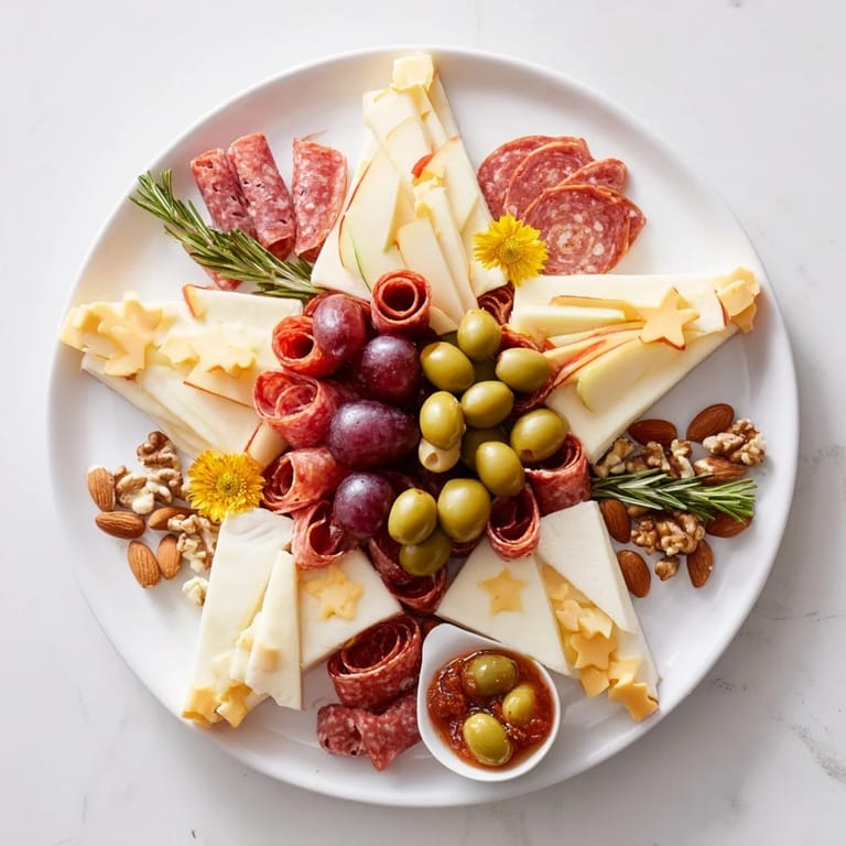 A vibrant Star-Shaped Appetizer Board, brimming with cheese, meats, and fruit, ready to serve guests.