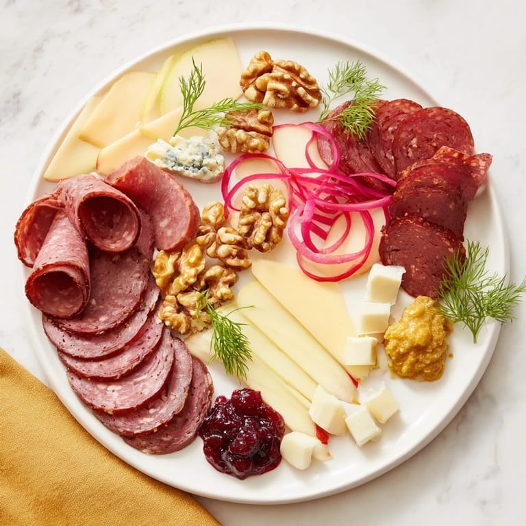 A delectable spread of Reindeer Charcuterie Platter ingredients, featuring cheese, and lingonberry jam, ideal appetizer.