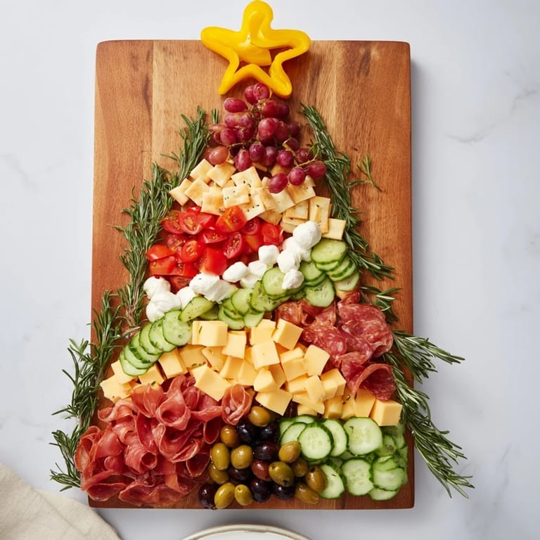 A visually stunning Christmas Tree Snack Board with fresh rosemary branches and vibrant fruits and cheeses.