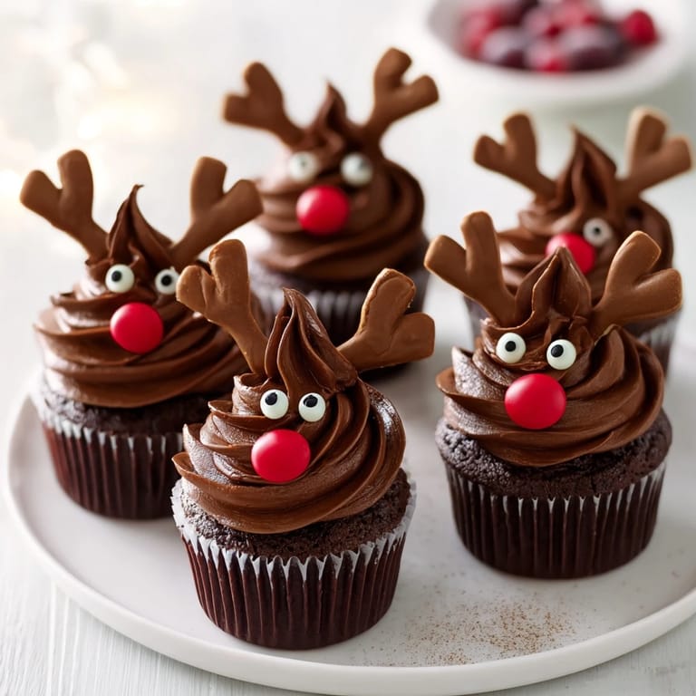 Delicious Reindeer Holiday Dessert Platter featuring frosted cupcakes, creative reindeer faces, and refreshing cranberry mousse.
