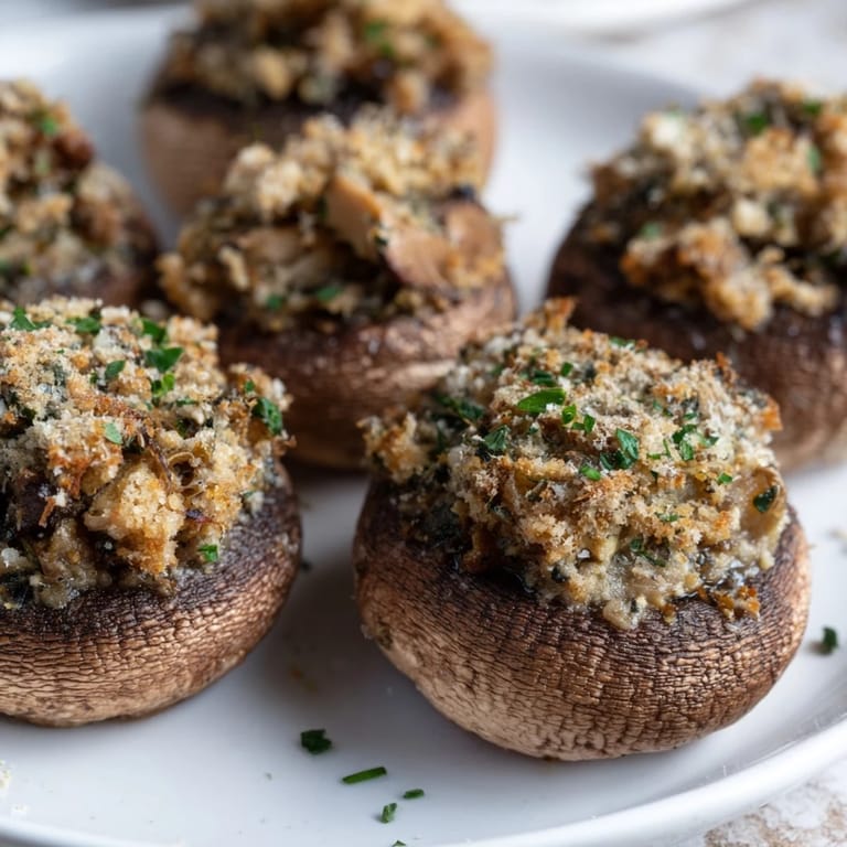 Close-up of baked Enchanted Forest Mushroom Nibbles, showcasing the creamy filling and herbed flavors.