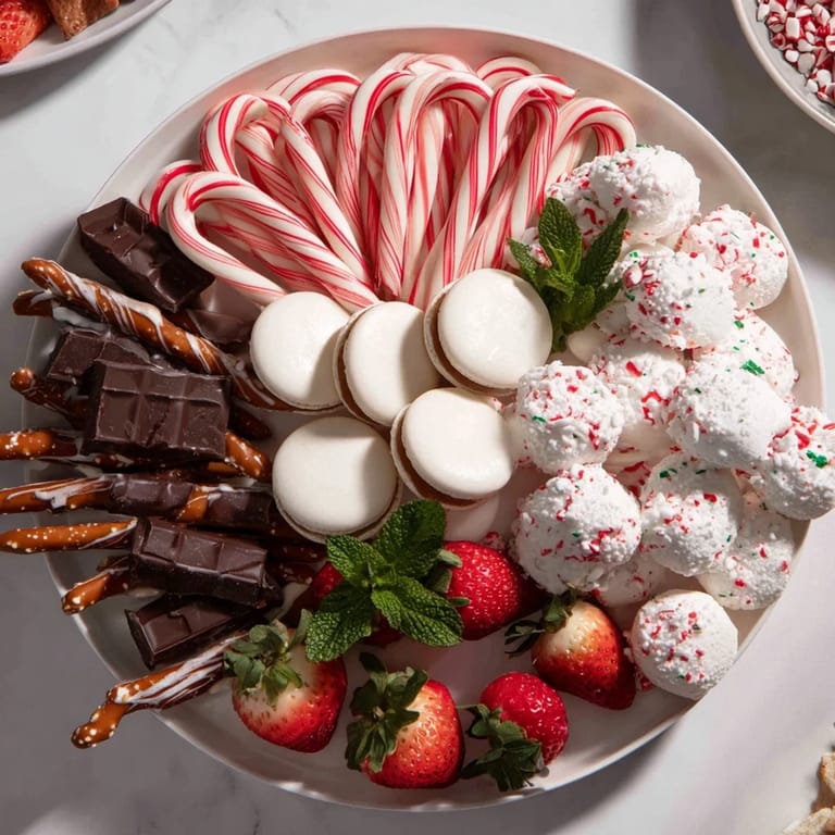 This delightful Candy Cane Dessert Platter presents various textures and flavors, from chocolate pretzels to mini marshmallows.