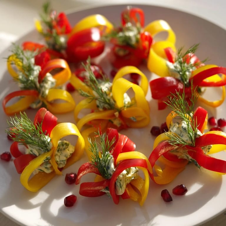 A close-up of a festive platter with delicious Bell Pepper Christmas Bows, perfect for your holiday table.