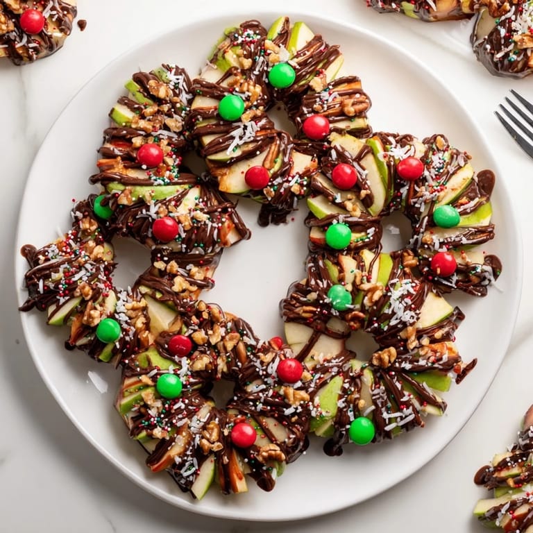 Gooey caramel coats fresh apple slices in this homemade Caramel Apple Slice Christmas Wreath dessert.