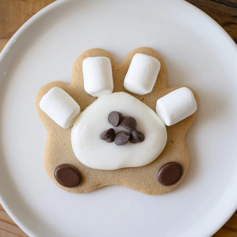 Perfectly iced Polar Bear Paw Print Cookies, ready to eat, with white chocolate and chocolate accents.