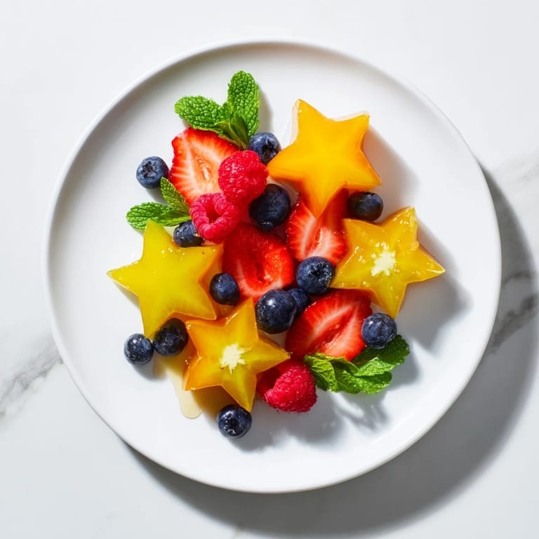 A colorful starfruit and berry platter, beautifully arranged with blueberries and raspberries ready to eat.