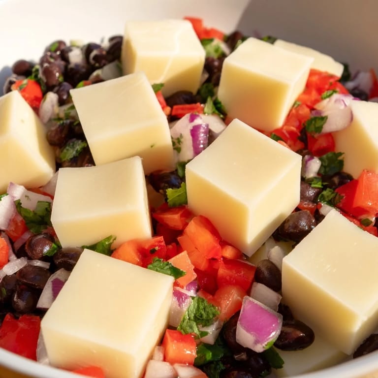 Delicious, vegetarian Pepper Jack Cubes & fresh black bean salsa, an easy appetizer to enjoy.