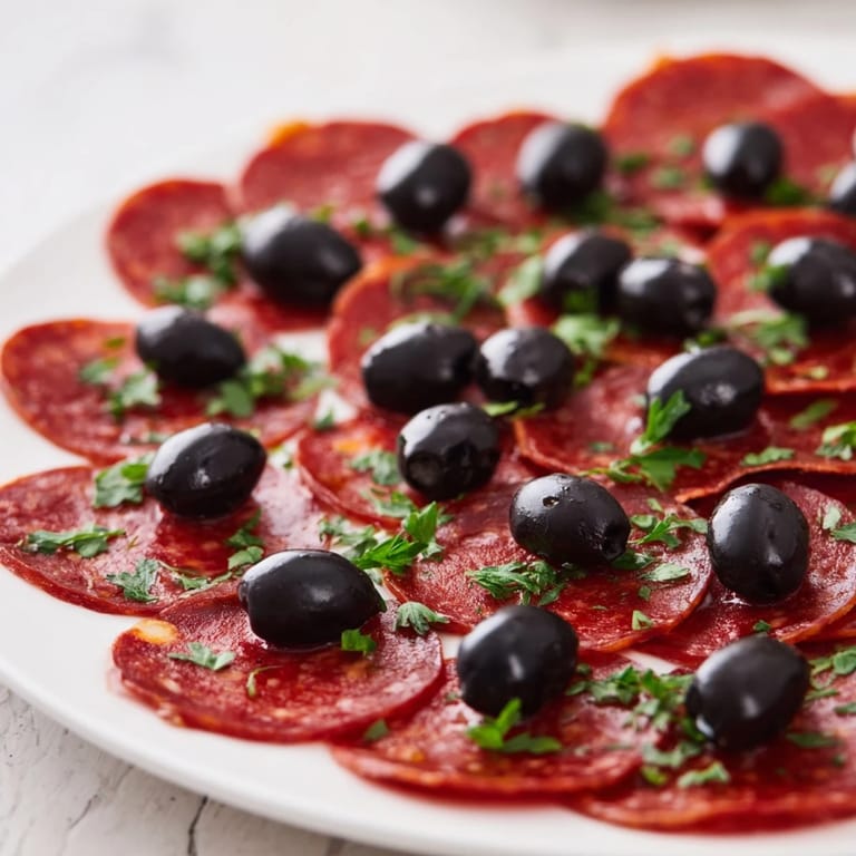 A close-up of a platter of sliced pepperoni and olive halves, inviting you to grab a bite.