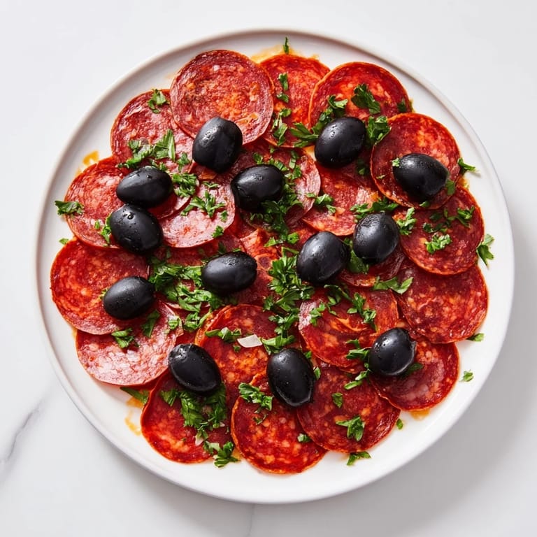 Arrangement of perfectly round sliced pepperoni topped by dark olive halves, ready to serve.
