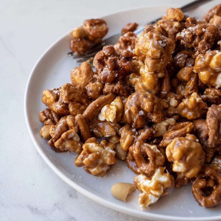 Close-up of baked Salted Caramel Pretzels, the sweet and savory snack, showing a buttery caramel glaze.