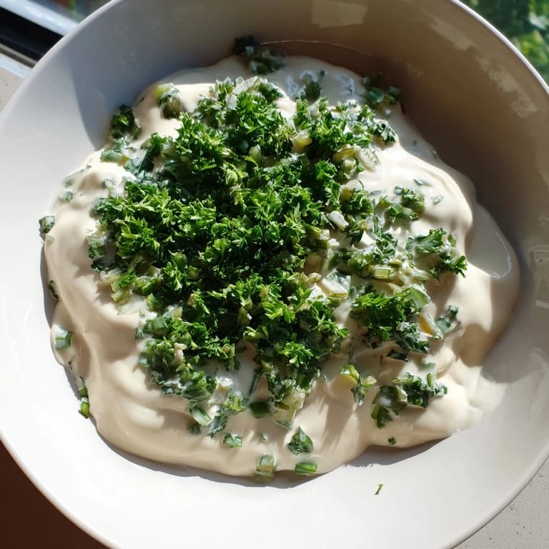 Homemade veggie ranch dip speckled with fresh chives, ready for dipping on a bright spring afternoon.