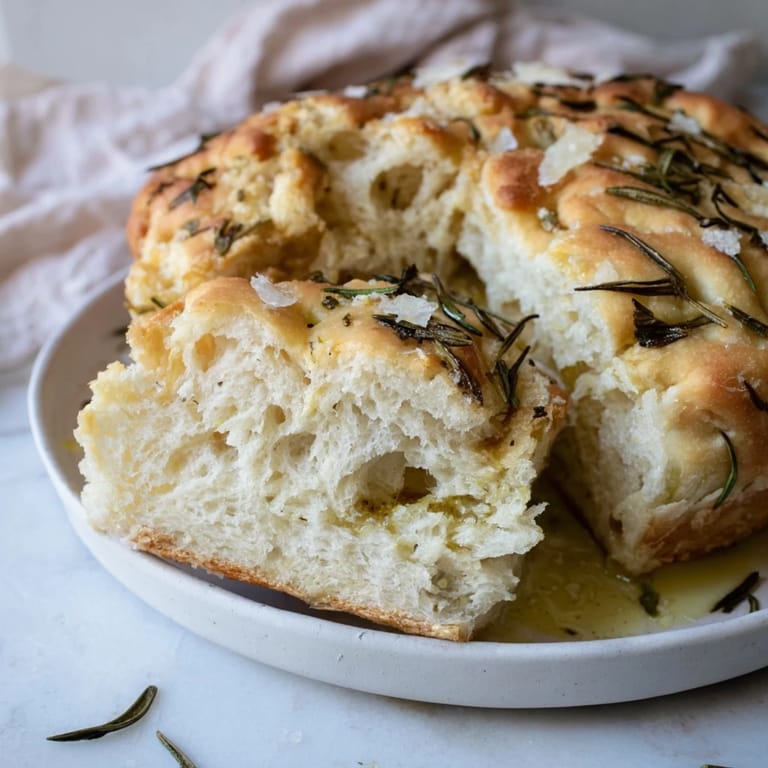 Rosemary sprigs scattered across the dimpled surface of a baked Holiday Bread focaccia, ready to eat.