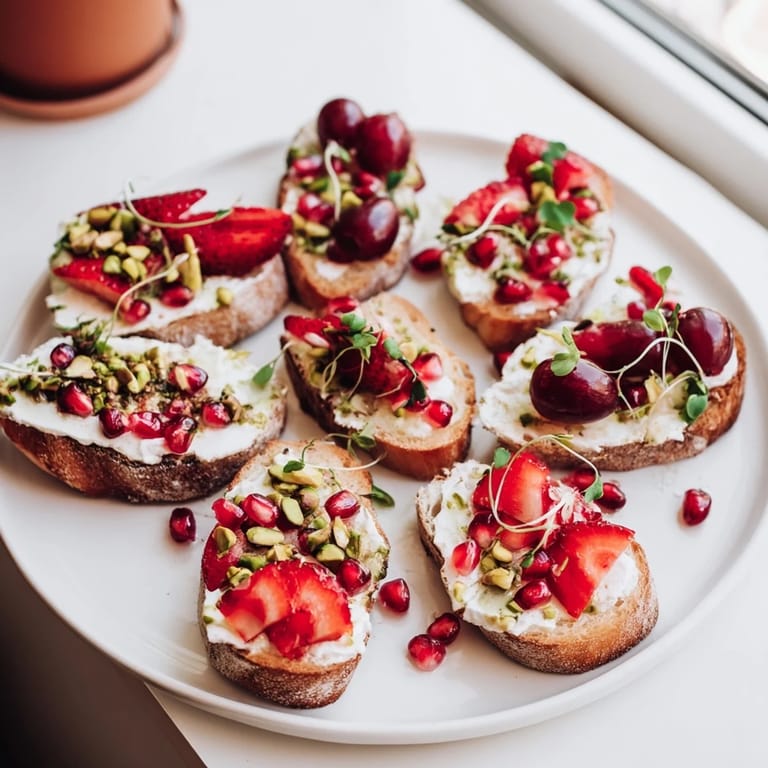 This Zero-Proof Celebration Spread shows toasted baguette slices alongside creamy cheeses, fruits, and olives.