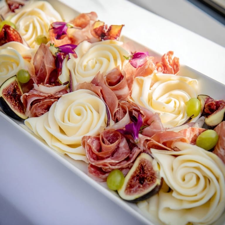 This Advanced Artisan Array boasts a luscious arrangement of cheese, meats, fruits, and other delicious accompaniments.