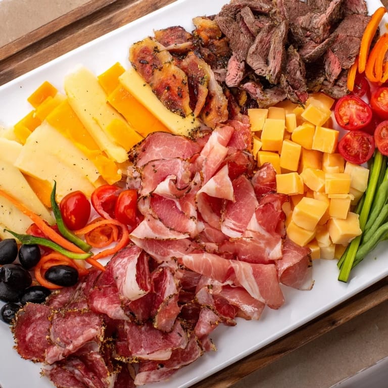 Enjoy the beautifully arranged Keto Power Plate, featuring sliced meats, sharp cheeses, and crisp radishes.