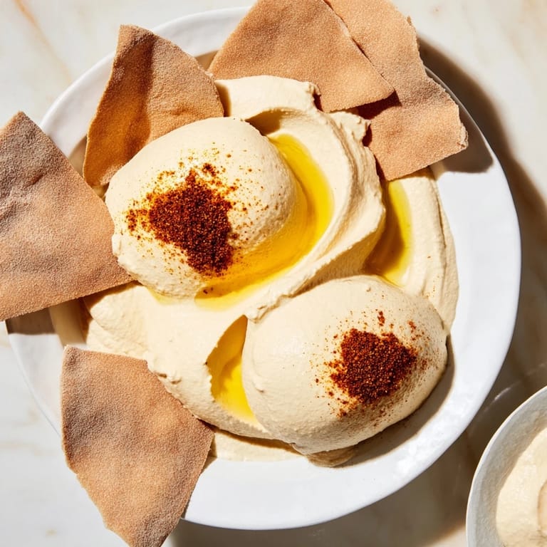 An artistic presentation of Sahara Dune, featuring smooth hummus mounds with golden pita chip "sand."