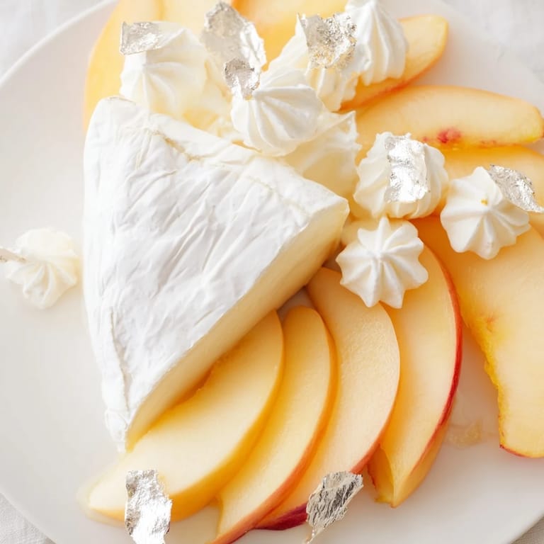 Beautifully plated The Pearly Gates appetizer highlights the crisp, sugary meringue paired with ripe white peaches.