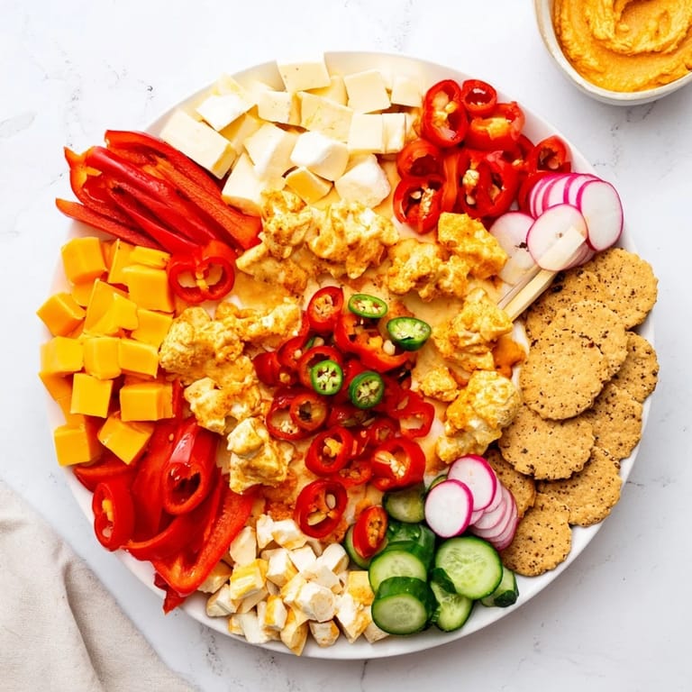 Delectable Spicy Hot Take Platter with a fiery core, cheddar, pepper jack, and a rainbow of fresh sides.