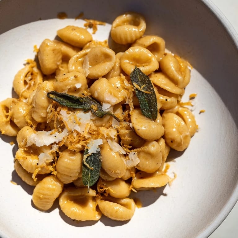 Warm steaming bowl of Brown Butter & Sage Ditalini, garnished with Parmesan and fresh sage leaves.