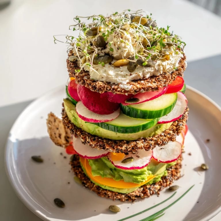 Enjoy a delicious Gluten-Free Gourmet Tower, layered with vibrant vegetables and creamy spreads, perfect for entertaining.
