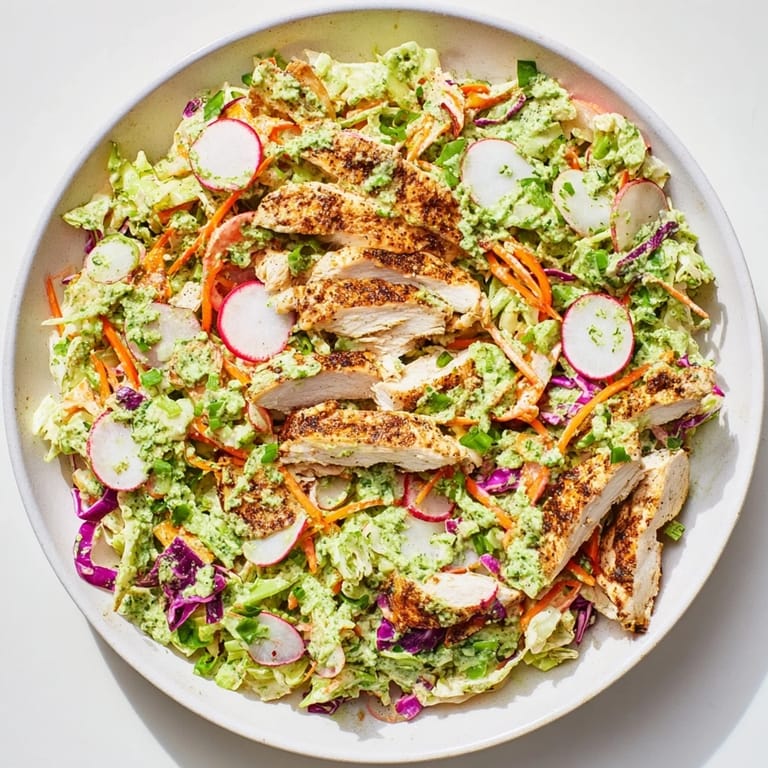 A colorful bowl of Green Goddess Cabbage Slaw with tender grilled chicken slices; a flavorful meal.