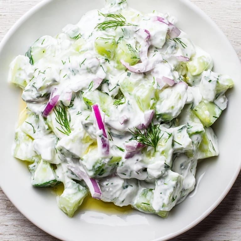 Cool, refreshing tzatziki salad featuring cucumbers, Greek yogurt, and a burst of lemon flavor ready to serve.