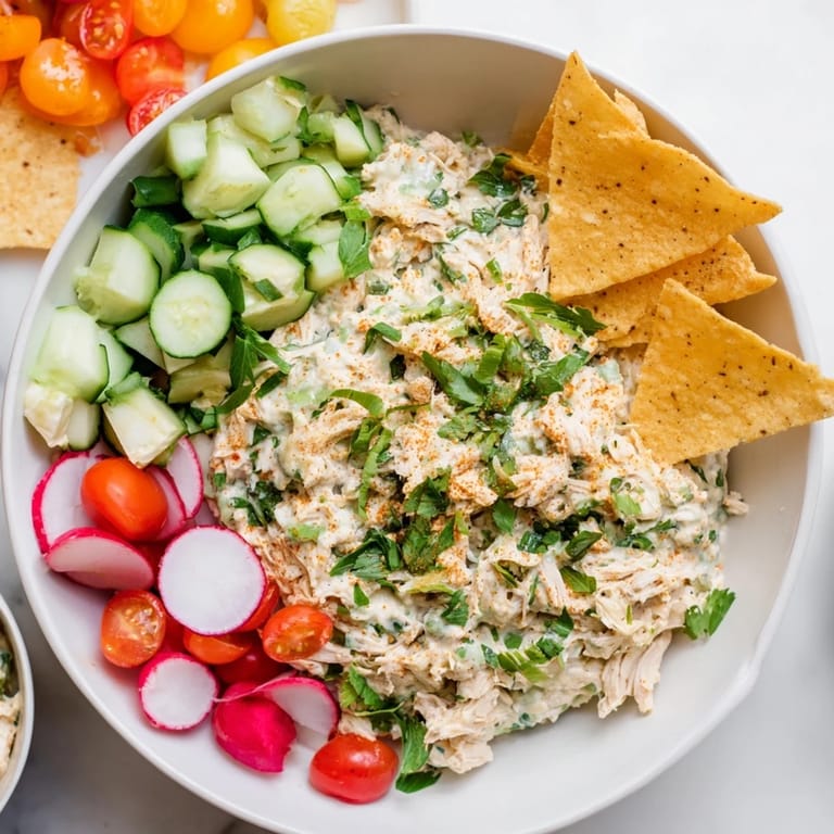 A colorful plate of Green Goddess Chicken Nacho Dip displays fresh herbs and vegetables, ideal for dipping chips.