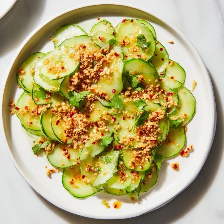 A vibrant bowlful of crunchy Cucumber Shaker Salad topped with a generous spoonful of chili crisp.