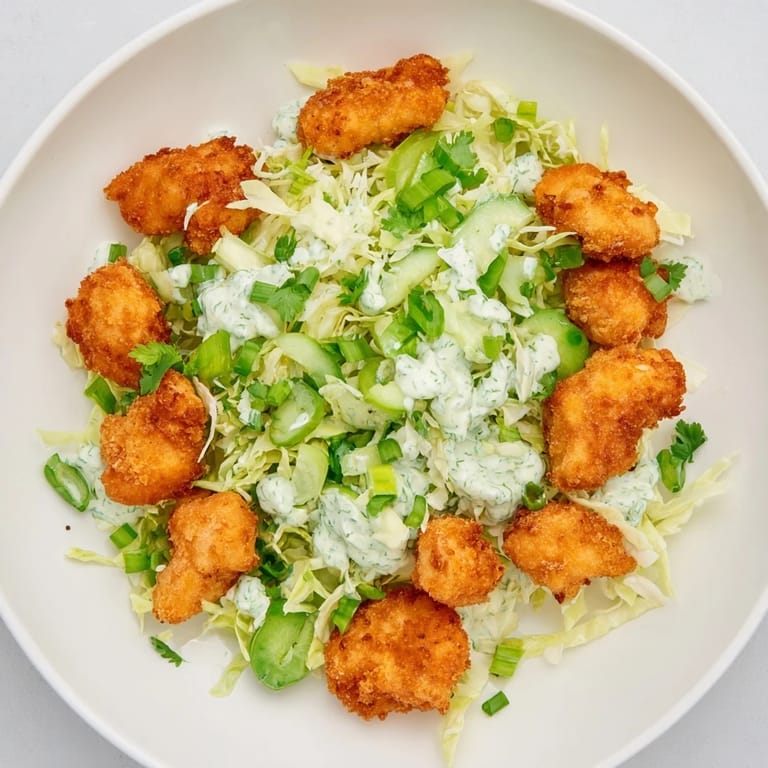 Air-fried chicken nuggets scattered over a bed of green salad with creamy Green Goddess dressing.