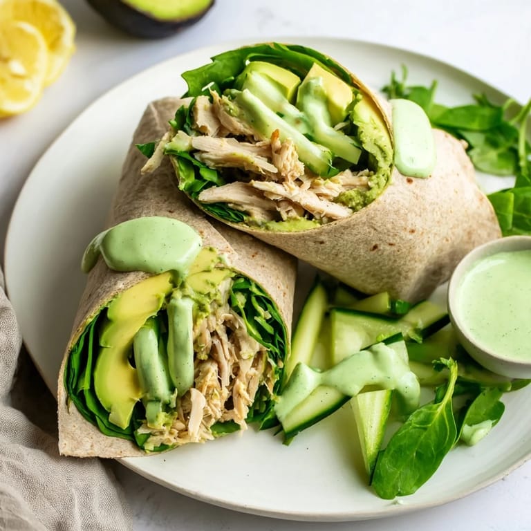 Freshly assembled Green Goddess Wellness Wraps, showcasing creamy avocado and a bright, flavorful dressing.
