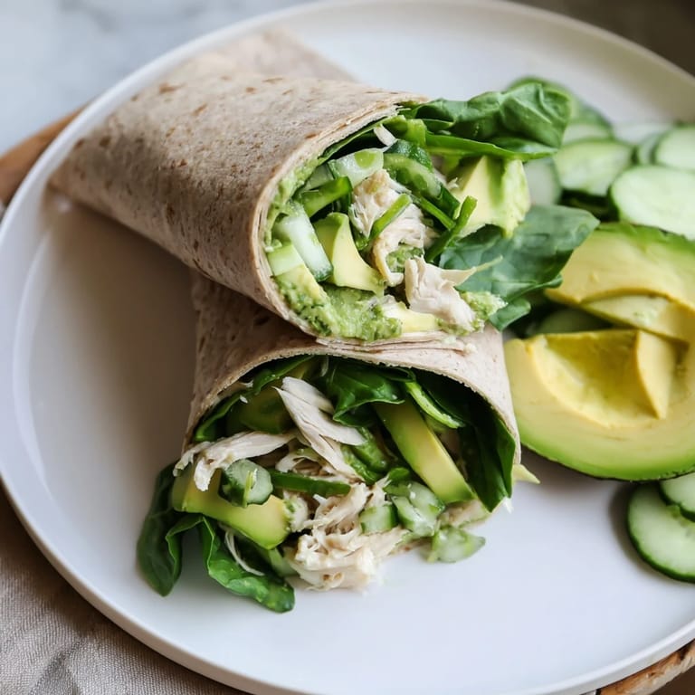 A close-up of a halved Green Goddess Wellness Wrap reveals chicken, veggies, and creamy, green dressing.