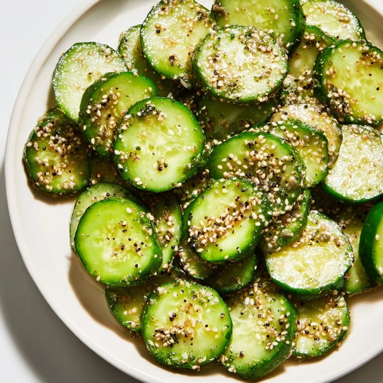 Close-up of a Cucumber Shaker with everything bagel seasoning, the cucumber is glistening with flavor.