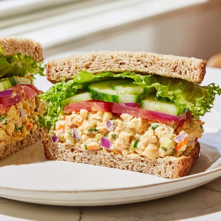 Perfect homemade Easy Chickpea Salad Sandwich on whole grain bread, appealing for lunch or a picnic.