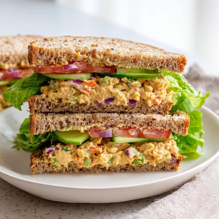 Freshly assembled Easy Chickpea Salad Sandwich, ready to eat with vibrant veggie layers inside.