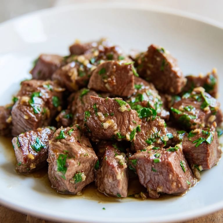 Tender, juicy air-fryer garlic-butter steak bites, sizzling from the air fryer, and coated in garlic butter.
