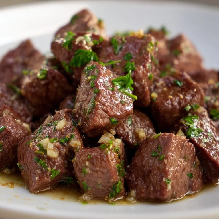 Appetizing close-up of air-fryer garlic-butter steak bites, ready to enjoy with a burst of flavor.