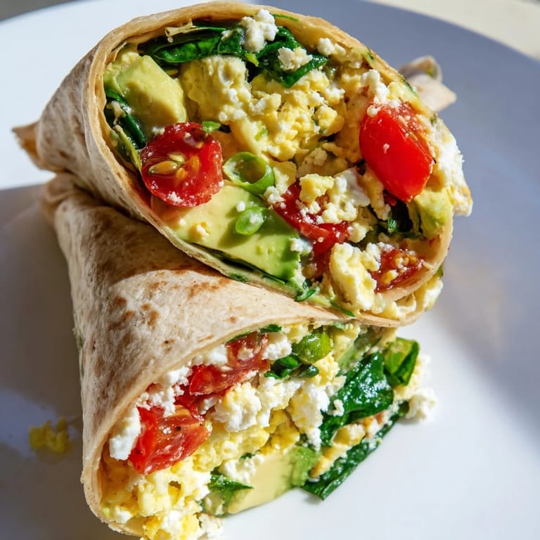 Freshly-made feta egg wrap sliced open, showcasing the fluffy egg and colorful fillings inside.