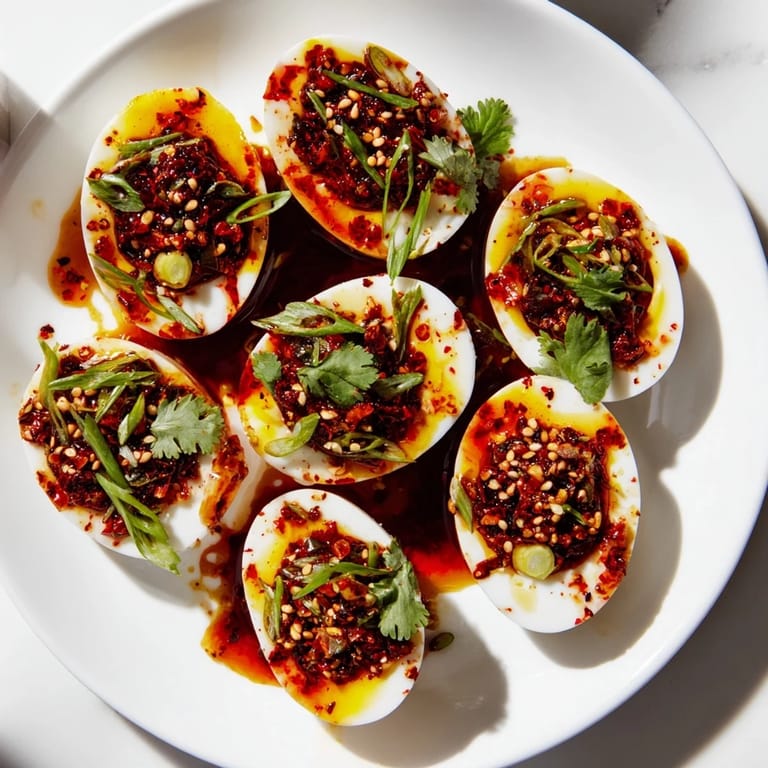 Perfectly jammy Chili Oil Eggs, garnished with green onion and sesame seeds, offering a delicious bite.