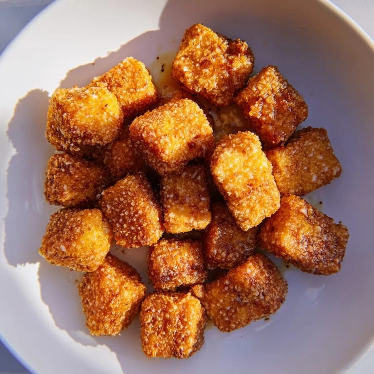 See the crunchy, fried texture of these delicious, plant-based Crispy Tofu Nuggets, ready to enjoy.