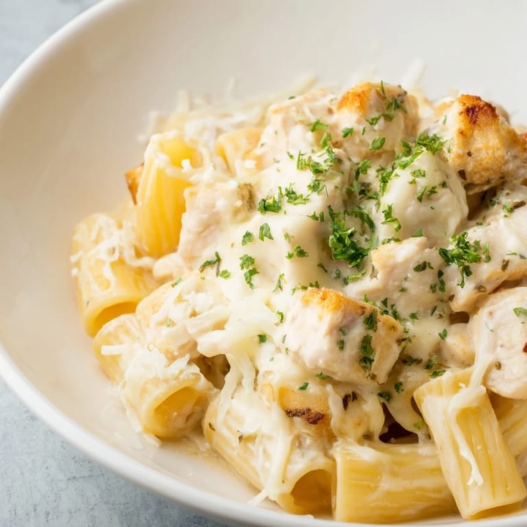 A steaming, cheesy Chicken Alfredo Bake, perfect comfort food, ready to be served hot.