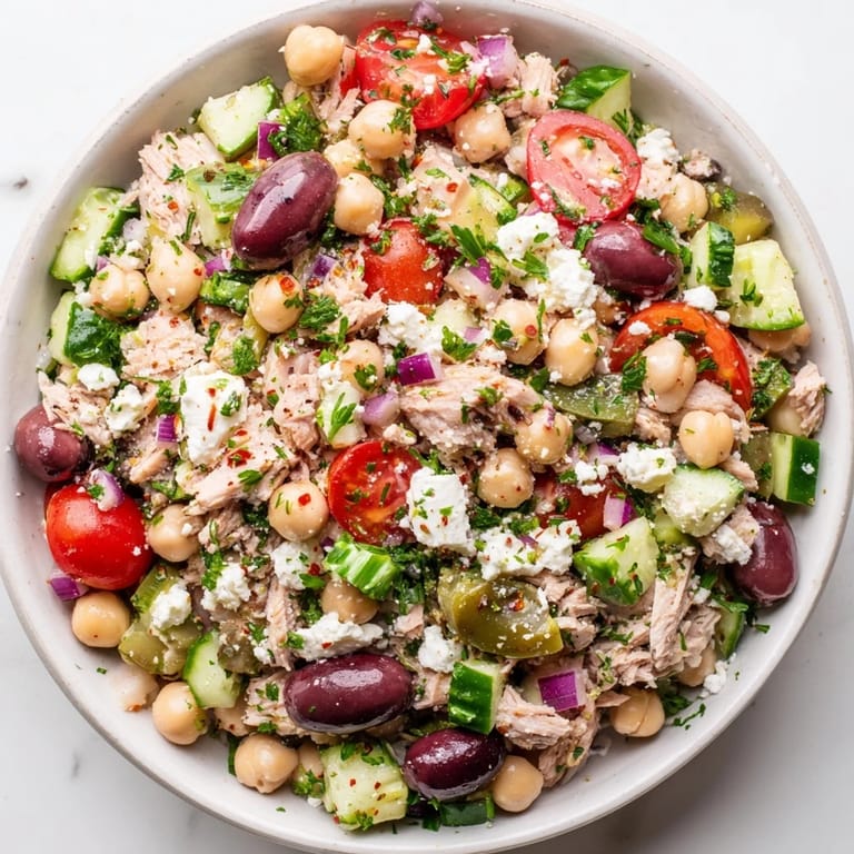 A bowl full of delicious Tuna Chickpea Salad ready; envision a high-protein, gluten-free, refreshing meal.