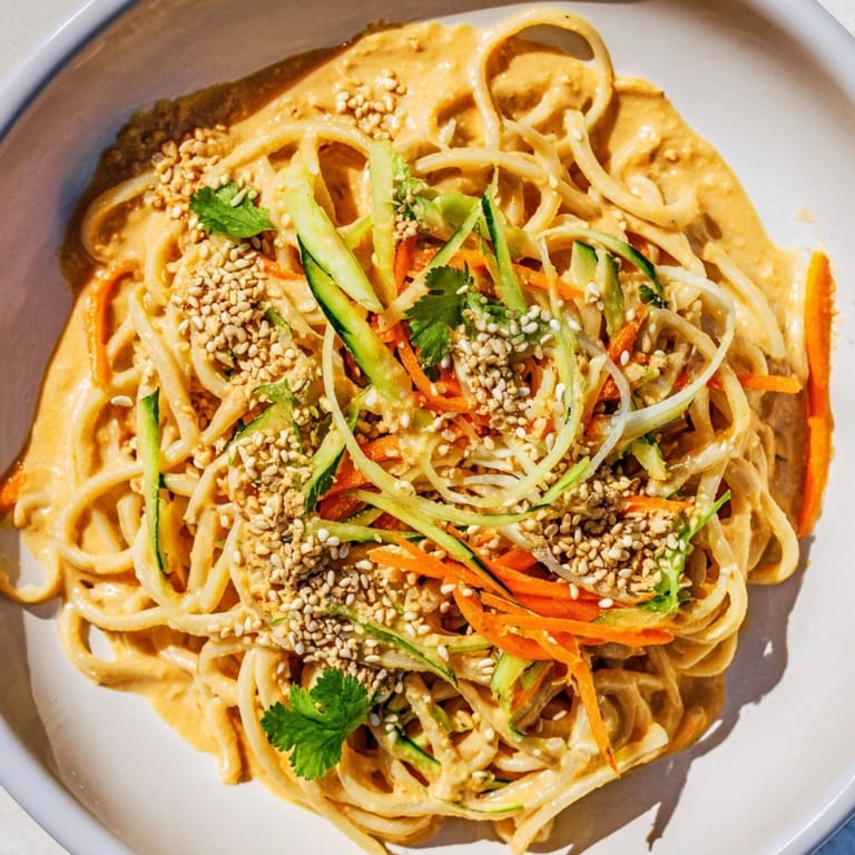 Beautifully plated cold sesame noodles featuring colorful julienned carrots and refreshing cucumbers on top.