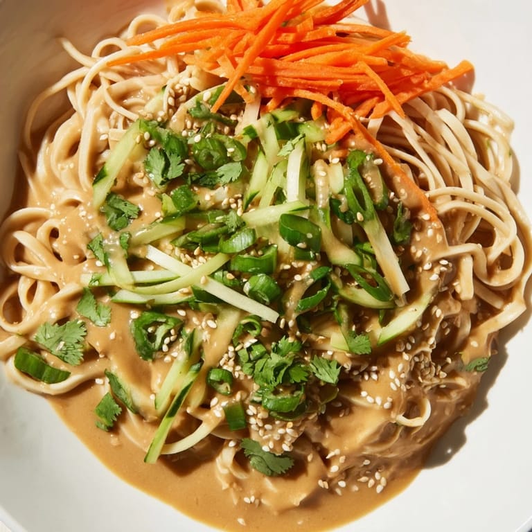 This image shows a close-up of delicious, chilled cold sesame noodles with a creamy sauce and herbs.