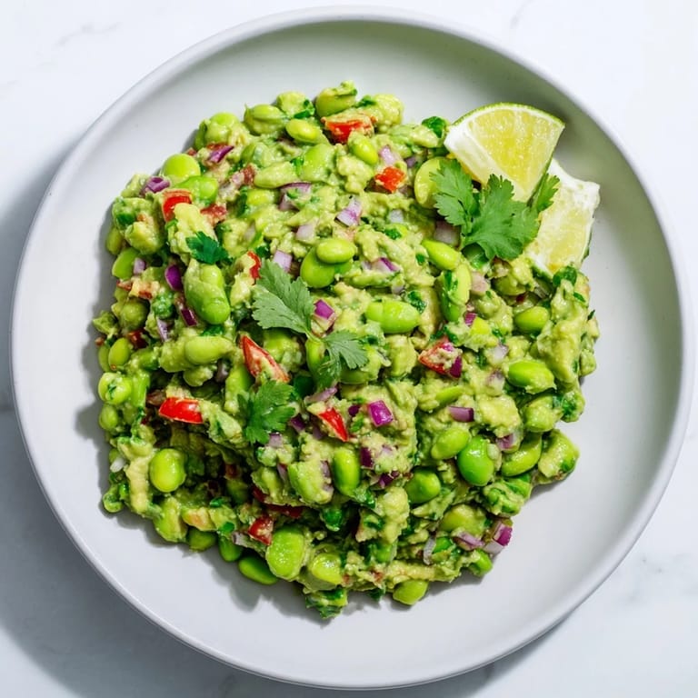 Close-up of fresh Edamame Guacamole, showcasing chunks of tomato and vibrant cilantro, ideal as a snack.