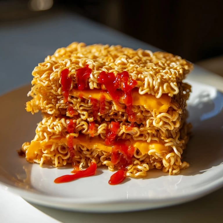 A close-up of a delicious, cheesy Instant Ramen Grilled Cheese, ready to be sliced and enjoyed immediately.